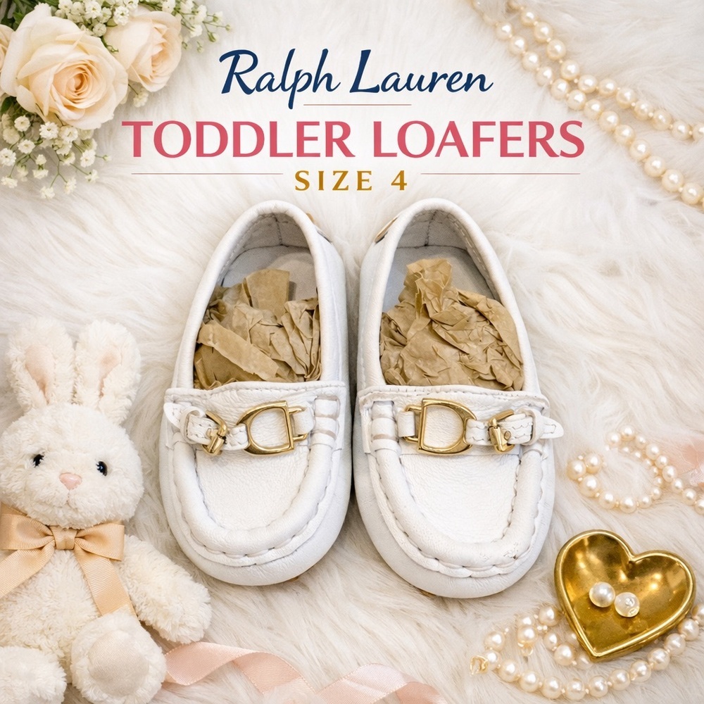 Ralph Lauren Baby Loafers White Leather Gold Bit Buckle Size 4